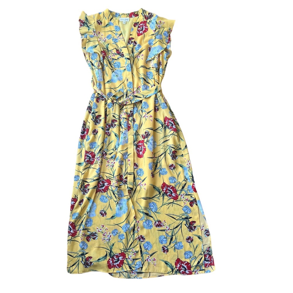 Maison Jules Women's Size Medium Dress V neck button down yellow floral